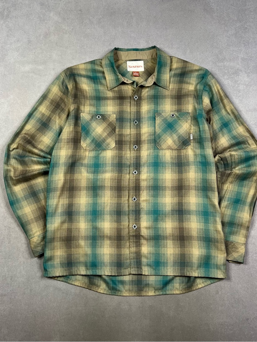 Simms Teal and Olive Plaid Button-Up Shirt